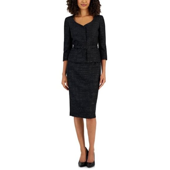 New Le Suit Metallic Tweed Belted Jacket & Pencil Skirt Suit - Black Muli 16 - Picture 1 of 8
